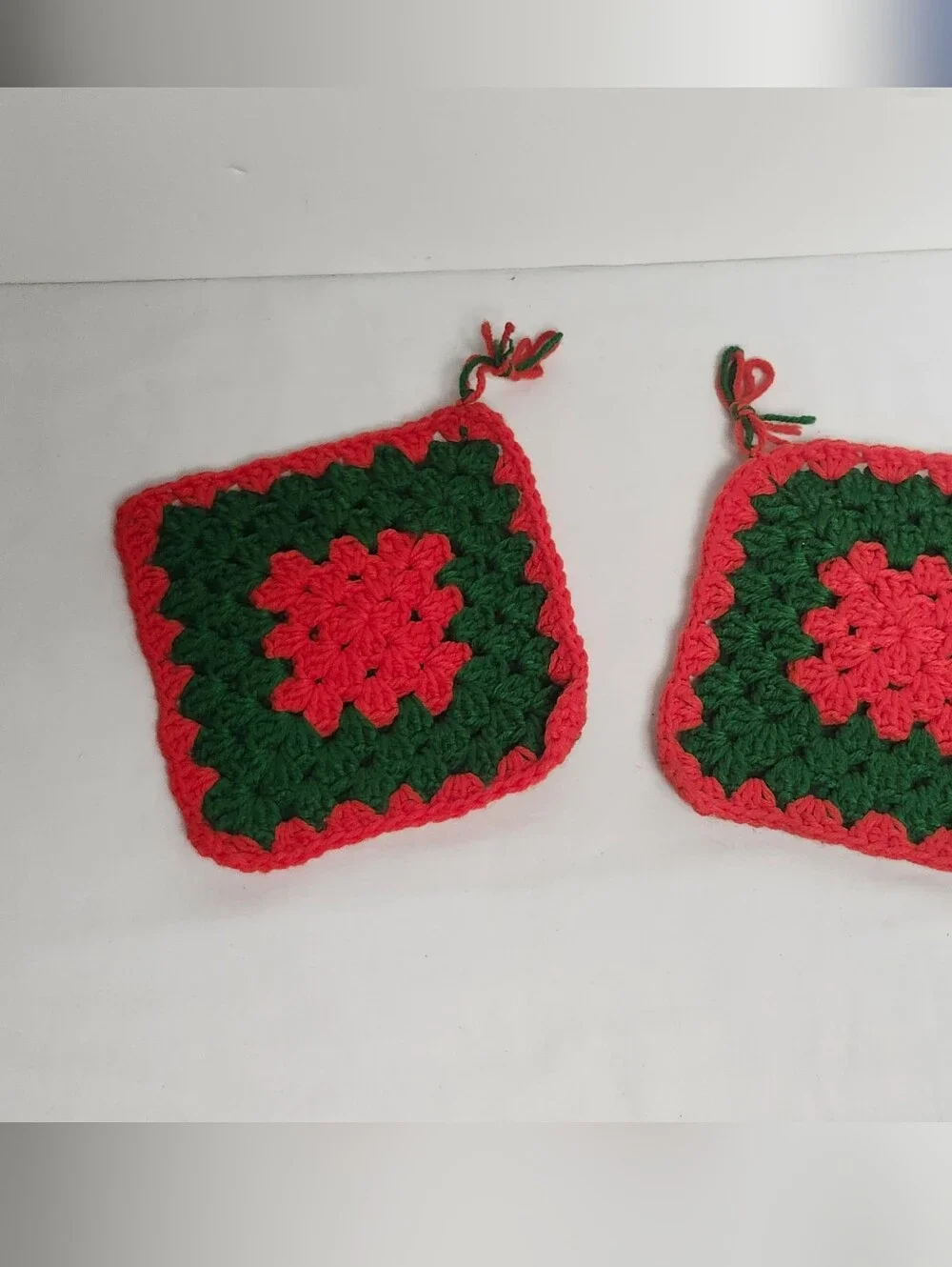 Handmade Crochet Granny Square Potholders in Red & Green